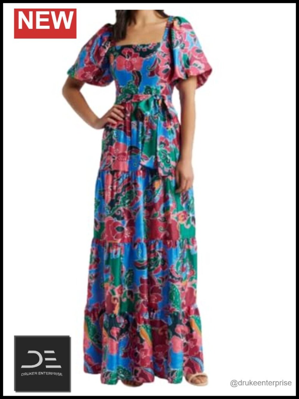 Puff Sleeve Paisley Midi Dress Square Neck High Waist